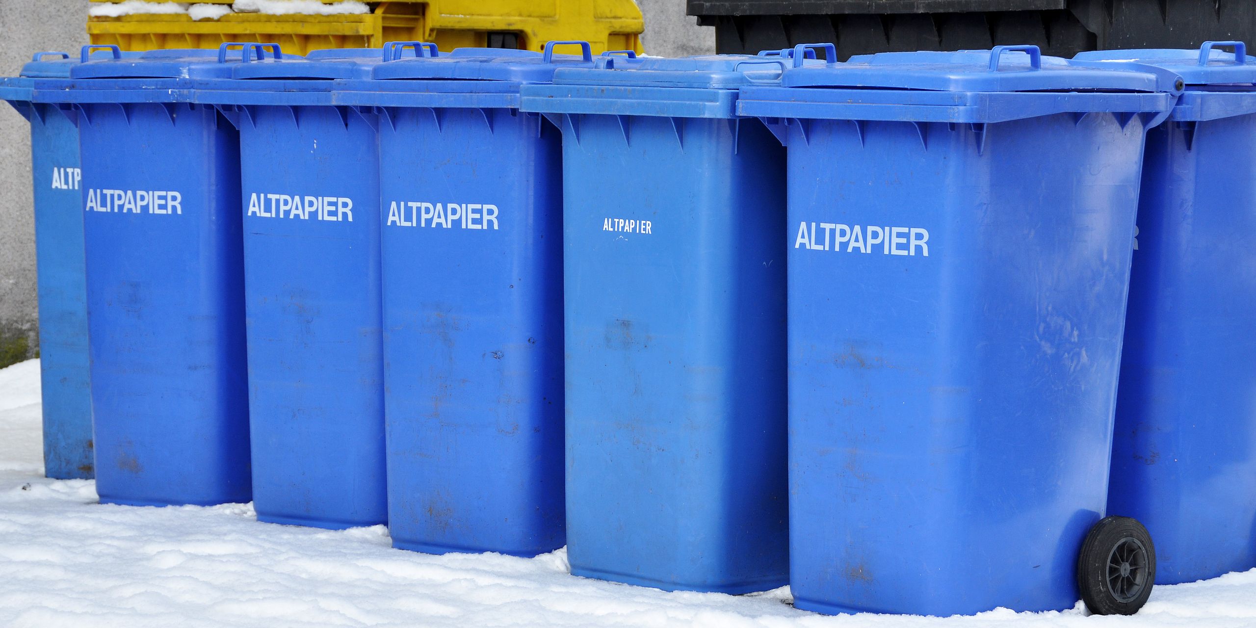 Ansammlung von mehreren blauen Altpapiertonnen.